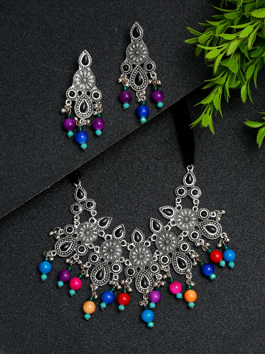 YouBella Jewellery Oxidised Silver Necklace Jewellery Set with Earrings for Girls and Women (Multi) (YBNK_50516)
